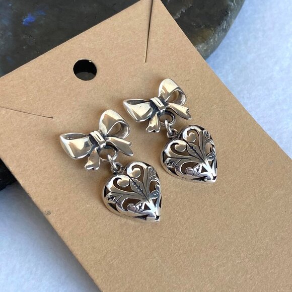 VTG Sterling Silver 925 1" Pierced Scrollwork Heart Dangle Bow Stud Earrings - Picture 2 of 16